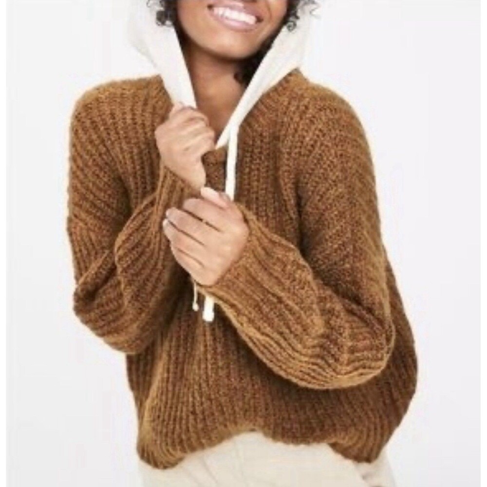 Aerie OFFLINE Mixed Media Faux Layer Hooded Rib Knit Pullover Sweater Size M